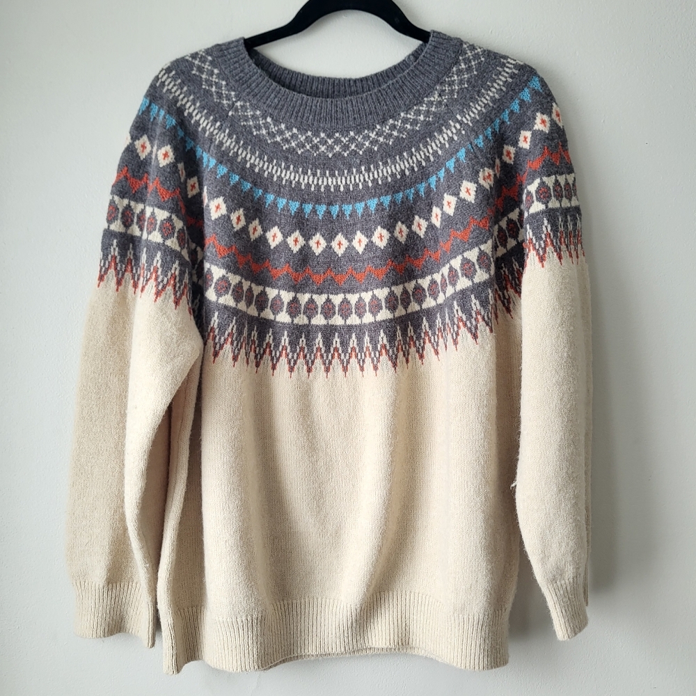 Emery Cottage Core Rose Fair Isle Cream+Grey Patterned Knit Sweater